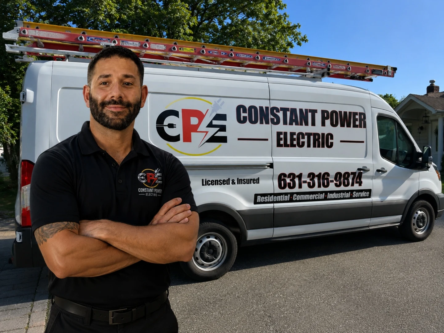 Marc Karakatsanis, owner-operator of Constant Power Electric, standing in front of his fully-equipped branded service van