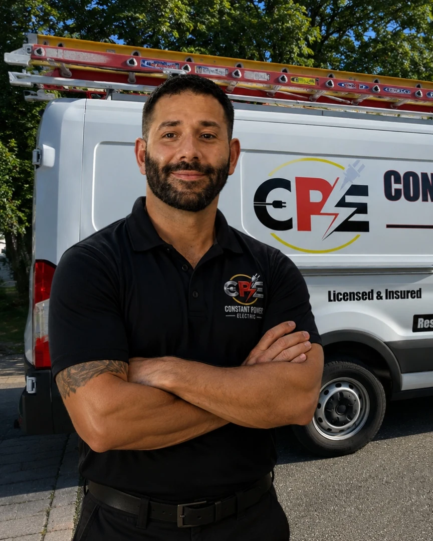 Marc Karakatsanis, owner-operator of Constant Power Electric, standing in front of his branded service van